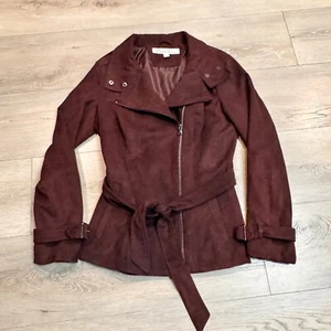 Kenneth Cole Faux Suede Moto Jacket Belted Burgundy Biker XS Xsmall - Picture 1 of 6