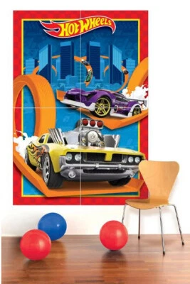 HOT WHEELS Scene Setter Birthday Party wall BACKDROP w/12 photo props race cars - Image 1 of 2