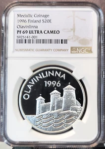 1996 FINLAND SILVER 20 EURO OLAVINLINNA NGC PF 69 ULTRA CAMEO SCARCE TOP POP - Picture 1 of 3