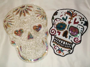 "PARCHE DE CHAQUETA GRANDE CALAVERA DÍA DE LOS MUERTOS COSTURA EN LENTEJUELAS CALAVERA 10"" o 12"" - Imagen 1 de 7