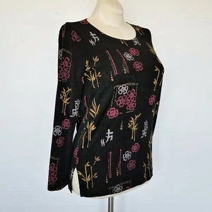 Slinky Brand Top Blouse NEW Black Multicolor Floral Designs Travel Womens XS - Picture 1 of 10
