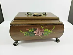Decorative Wood Box Hand Painted Floral Motif Fabric Lined Handle Lid 8x5x4" - Picture 1 of 12