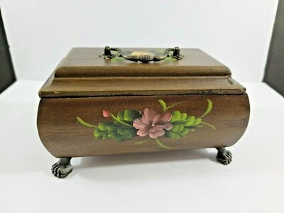 Decorative Wood Box Hand Painted Floral Motif Fabric Lined Handle Lid 8x5x4" - Image 1 of 4