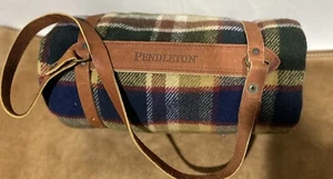 PENDLETON MOTOR ROBE WOOL THROW BLANKET WITH LEATHER CARRIER 64X54 - MADE IN USA - Picture 1 of 4