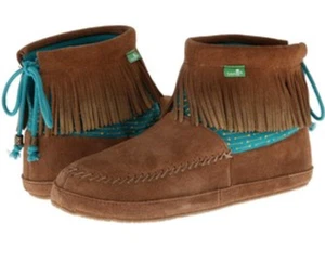 NIB Sanuk Honey Bee Chestnut Suede Leather Fringe Ankle Bootie Boots Women's 6 M - Picture 1 of 6