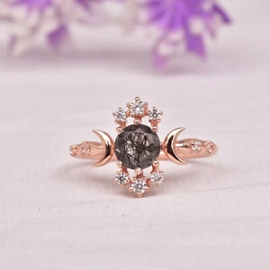 Natural Black Rutile Quartz And CZ Diamond Wedding Ring Moon Crescent Ring - Picture 1 of 6