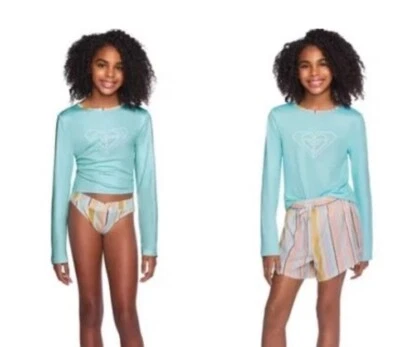 Nuevo con etiquetas Traje de baño Roxy 3 piezas LS protección contra erupciones Top Bikini Pantalones cortos Azul Melocotón Niñas XL 18 20 Foto 1 de 4