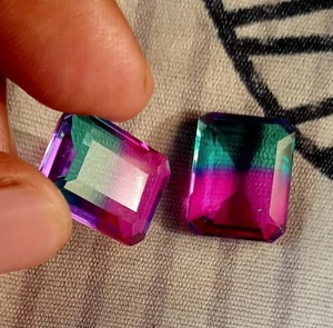 28.90 CT Good Emerald Cut Multicolor  Doublet Tourmaline  Loose Gemstone 2 Pcs - Picture 1 of 7