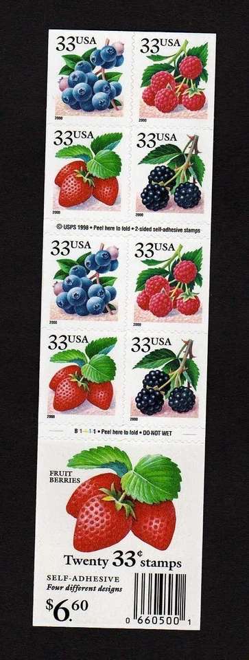 USA Scott 3297d Complete Self Adhesive Pane, 33¢ Fruit Berries, Plate #B1111 - Image 1 of 1