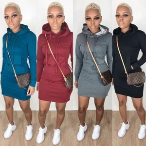 New Stylish Women Long Sleeves Solid Color Hooded Drawstring Casual Short Dress - Picture 1 of 12