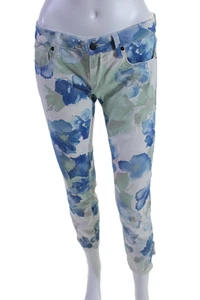 Pantalones de mezclilla recortados florales de tiro medio con cremallera blancos talla 27 Genetic para mujer - Imagen 1 de 6