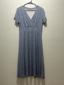 LL Bean Dress Womens Medium Blue Summer Knit Midi Short Sleeve Stretch V Neck - Picture 1 of 7