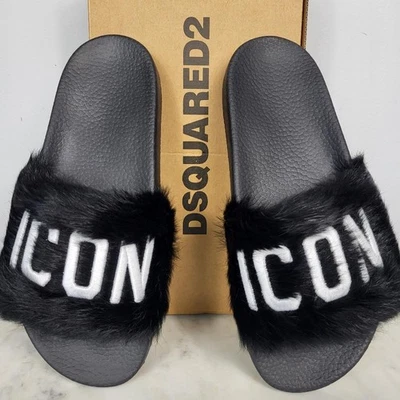 NUEVAS CON ETIQUETAS~$825~DSQUARED2~8/8.5~ICONO SANDALIAS DE PIEL DE CONEJO REAL NEGRAS BLANCAS DESLIZABLES Foto 1 de 4