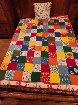Vintage Handmade Dr Seuss Quilt 86 X 57 With Pillow - Image 1 of 4