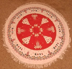 VINTAGE 61" RUNDE MCM WEIHNACHTEN TISCHDECKE mit FRANSEN NOEL KERZEN BAUM TANNENZAPFEN - Bild 1 von 5