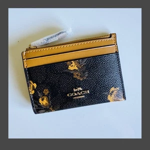 COACH Mini Skinny Id Case In Signature Canvas, Floral Print,  Walnut/Yellow- New - Foto 1 di 4