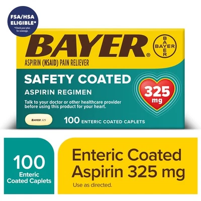 Bayer Dosis Regular Aspirina Alivio del Dolor, Comprimidos Recubiertos Entéricos, 325 mg, 100 Ct Foto 1 de 4