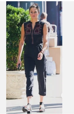 Madewell Womens Size 2 Silk Jumpsuit Embroidered Sleeveless Black W/Pockets - Image 1 of 4