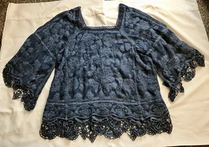 DEMOCRACY WOMENS TOP SMALL BLUE EMBROIDERED CROCHET HOBO PEASANT BLOUSE - Picture 1 of 2