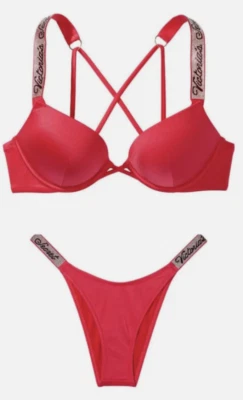 Nuevo Sujetador Victoria’s Secret 34C Bombshell Rojo pedrería brillo bragas brasileñas Foto 1 de 4