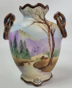 Vintage Nippon Noritake Nishiki Vase Hand Painted Mountain Landscape Morimura 7" - Picture 1 of 9