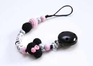 ♥ Schnullerkette mit Namen Mädchen ♥ Häkelperle ♥ Minnie Maus Rosa Schwarz ♥ - Bild 1 von 5