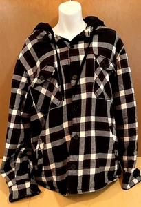 American Rag Mens XXL Button Down Flannel Fleece Hood Jacket Plaid Black White - Picture 1 of 11