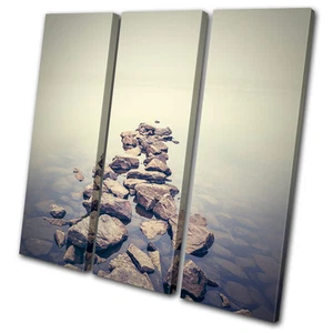 Sunset Seascape Misty Rocks  TREBLE CANVAS WALL ART Picture Print VA - Picture 1 of 1