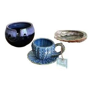 VINTAGE LOT SEA URCHIN TEACUP AND SAUCER, PAWLEY YARN BOWL, SEASHELL DISH - Picture 1 of 18