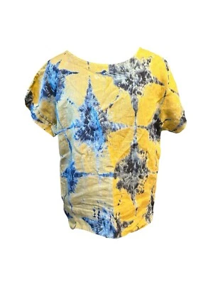 Camisa Bellambia Mujer Pequeña Amarilla Azul 100% Lino Hecha en Italia Manga Corta Foto 1 de 4