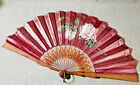 Antique Folding Fan Burgundy Red Silk Satin Hand Painted Rose Leather Sticks