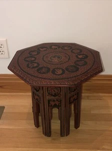Burmese folding octagonal lacquered Table Stand Thai Indian Zodiac Asia Plant - Picture 1 of 10