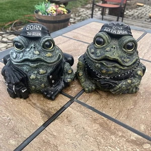 Toad Hollow Garden Frog Pair Outdoor Yard Decor Biker Babe BORN TO RIDE - Picture 1 of 9
