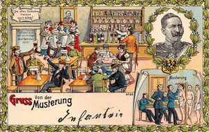 POSTCARD MILITARY GERMAN  KAISER GRUSS VON DER MUSTERUNG   BEER MEDICAL THEME - Picture 1 of 2