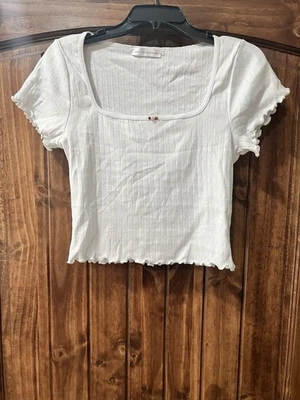 Camisa para mujer Gaze blanca recortada acanalada con bordes con volantes talla L nueva sin etiquetas Foto 1 de 3