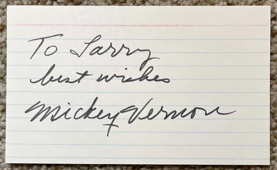 Mickey Vernon personalized signed card - Senators Indians debut 1939 - Image 1 of 1