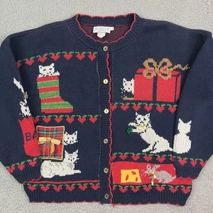 Vintage Sweater Loft Cat Cardigan Sweater Women's Blue Red Crewneck Size Large - Picture 1 of 6