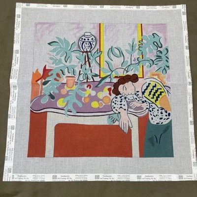 Handpainted Needlepoint Canvas Matisse Still Life With Sleeping Woman 14x14 - Image 1 of 4