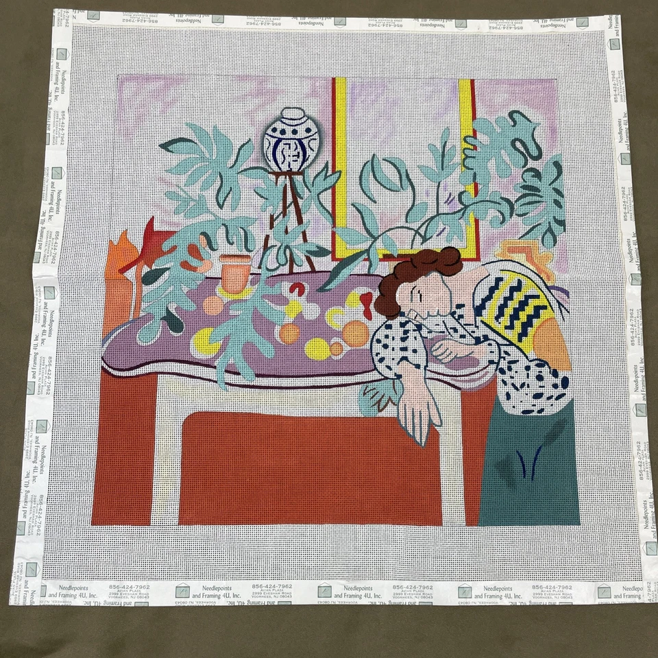 Handpainted Needlepoint Canvas Matisse Still Life With Sleeping Woman 14x14 - Image 1 of 4