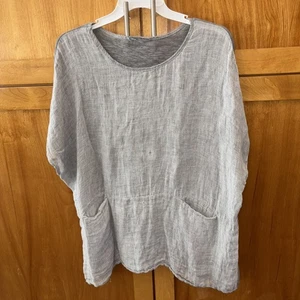 Blusa Top Italiana MEO MELI Mujer Lagenlook Costera Boho Algodón Lino Gris Bolsillo - Imagen 1 de 8