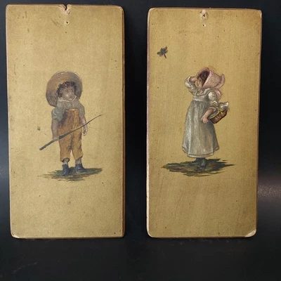 Antique 1890s Hand Painted Wooden Plaques Victorian Children Folk Parlor Art  - Image 1 of 4