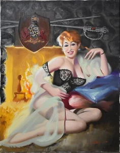 DONALD RUST-Illustrator-Original Signed Oil-PIN-UP GLAMOUR GIRL w/ Crest & Sword - Picture 1 of 11