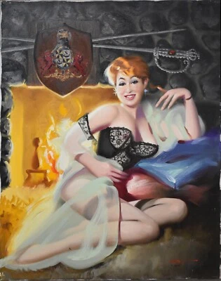 DONALD RUST-Illustrator-Original Signed Oil-PIN-UP GLAMOUR GIRL w/ Crest & Sword - Image 1 of 4