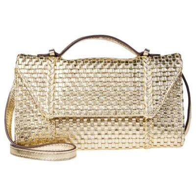 C Wonder by Christian Siriano Woven Leather Clutch Handbag Gold Metallic Party - Image 1 of 4