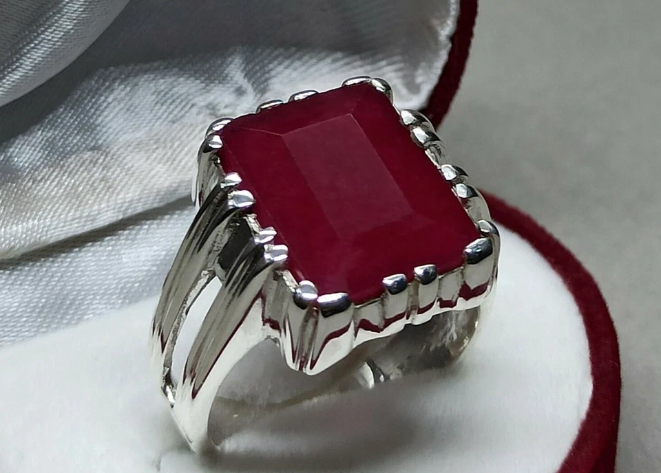 11 Ct Emerald Cut Deep Red Ruby Sterling Silver 925 Handmade Yaqoot Elegant Ring - Image 1 of 4