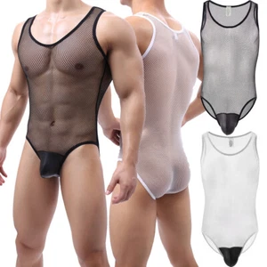 Mens Sexy Mesh See Through Bodysuit Leotard Male Sissy Lingerie Fishnet Jumpsuit - Picture 1 of 25