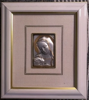 Quadro vintage Madonna con bambino lastra argento 925 firmato cm.18x16,5 - Immagine 1 di 4
