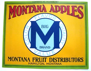 Original super rare BIG M apple crate label Montana Fruit Distributors Hamilton - Picture 1 of 2