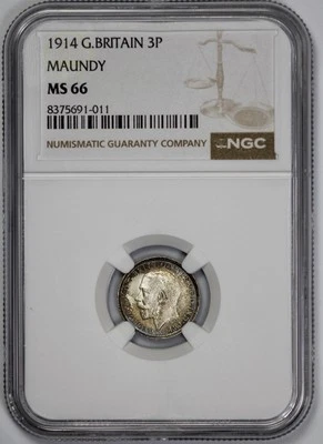 1914 Great Britain Maundy 3p Threepence NGC MS 66 Toned - Image 1 of 4