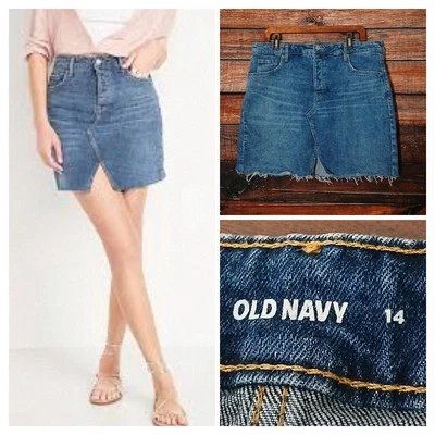 Antigua Mini Falda Jean Azul Marino Talla 14 Tiro Alto Botón Mosca Corte Denim Abertura Frontal  Foto 1 de 4